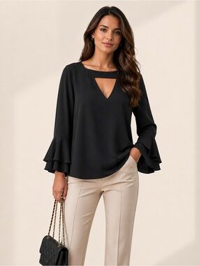 Soho Jeans Black Keyhole Cutout Blouse Bell Sleeve Flowy Top Size S